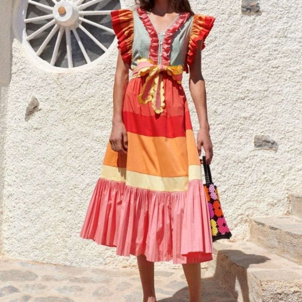 CeliaB Multicolor Ruffled Midi Dress in Coral, Pink & Yellow